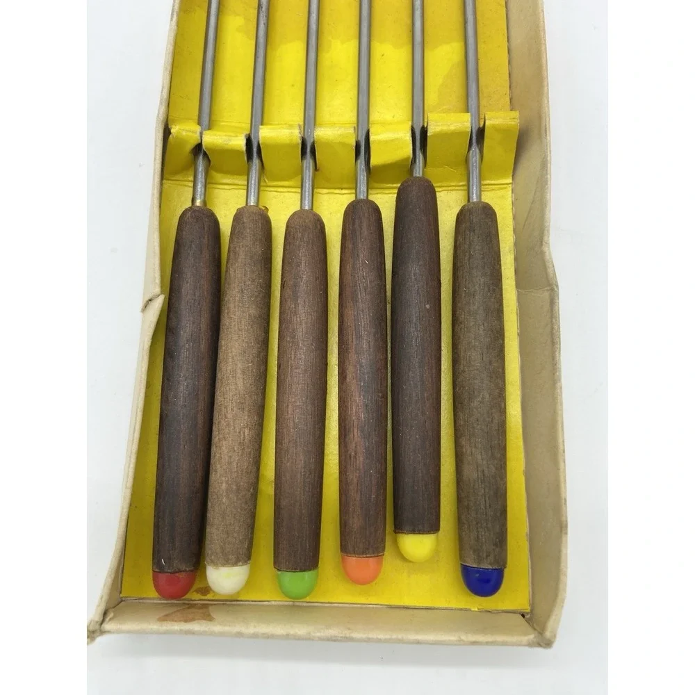 Vintage MCM STAINLESS STEEL Set of 6 FONDUE FORKS w/Wooden Handles‎ Original Box